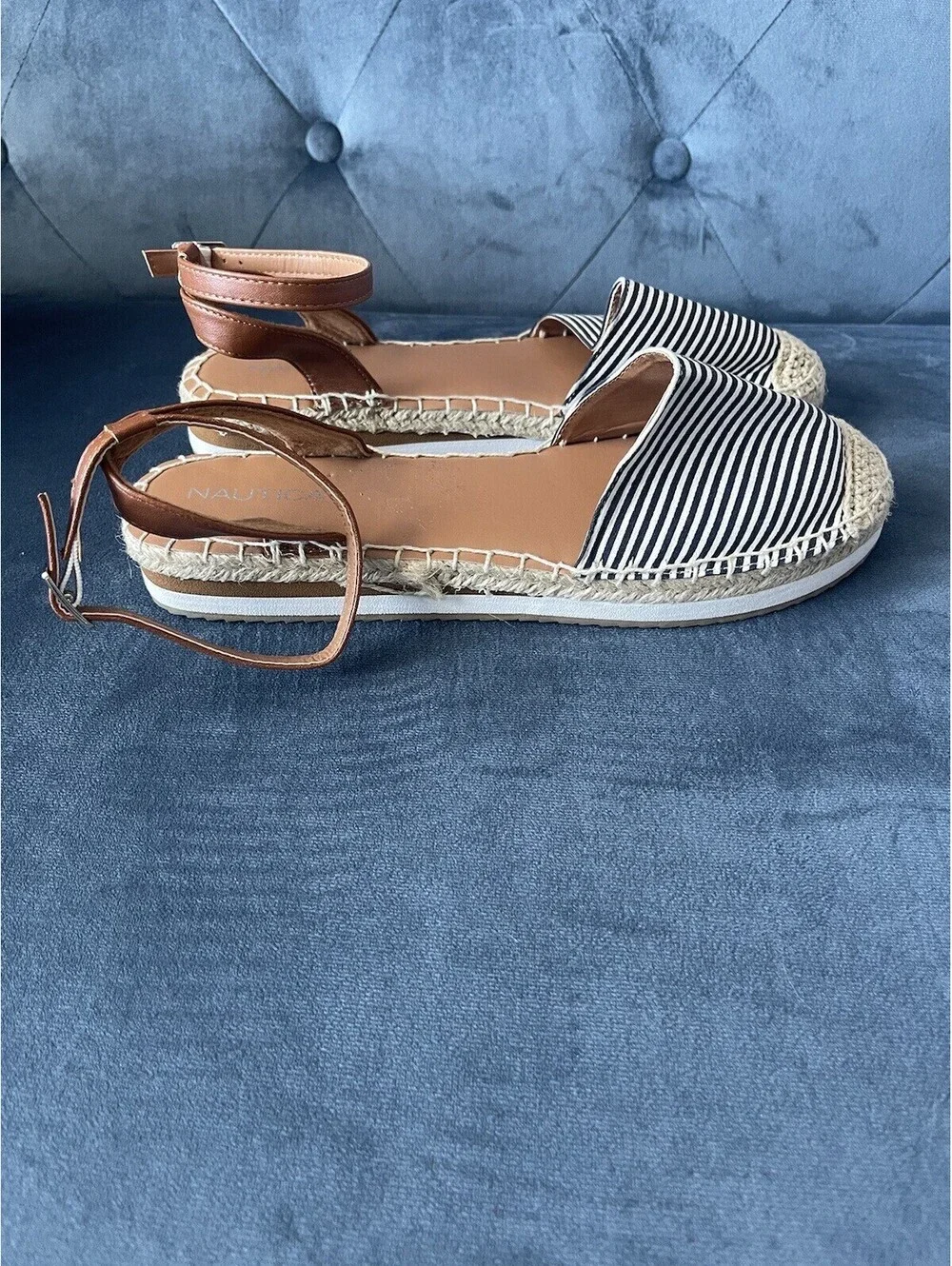 NAUTICA Espadrille Sandals Ankle Straps Black White Stripe Sz 7.5 Coastal NEW